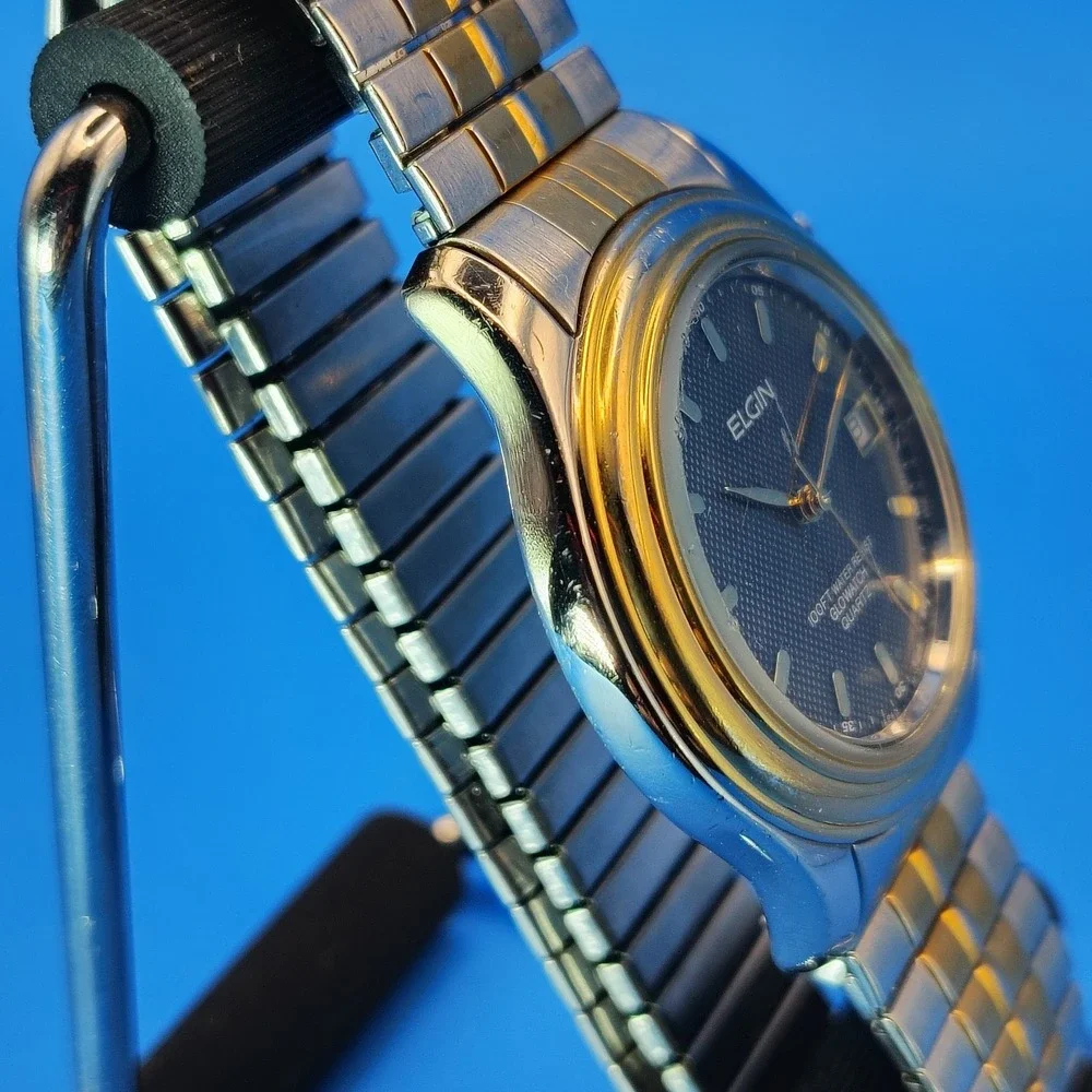 Vintage 1996 Elgin Glowatch Date Two Tone 32mm Mens Quartz Dress Watch Restored